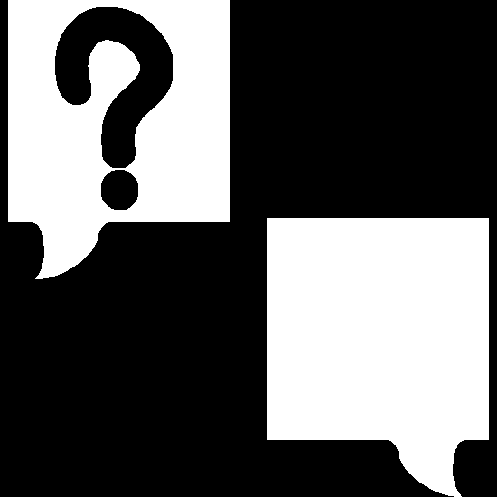 Two speech bubbles coming from either side of the image. One has a question mark and the other is empty.